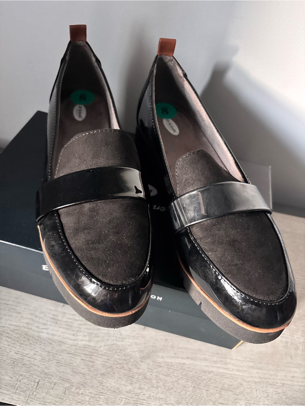 Dr. Scholl's Black Patent & Suede Slip-On Loafers, size 8
